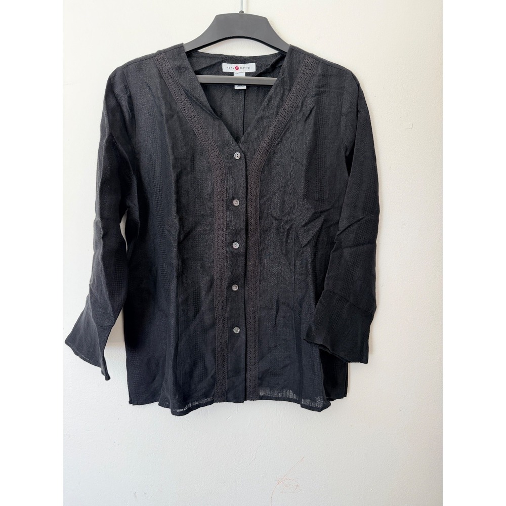 Real Clothes 100% Linen Blouse Womens Medium Black Button Front Boho Top Light